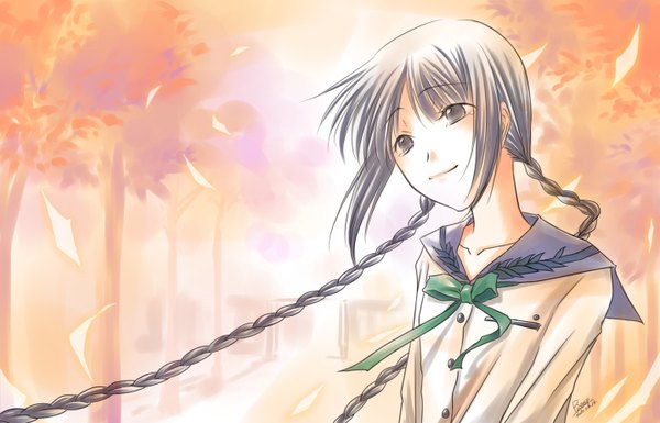 Anime picture 1433x920 with bungaku shoujo amano tooko smile twintails grey hair grey eyes uniform school uniform petals