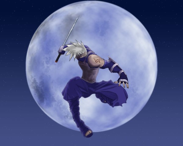 Anime picture 1280x1024 with naruto studio pierrot naruto (series) hatake kakashi single short hair holding sky grey hair night tattoo muscle boy weapon sword katana moon star (stars) mask full moon