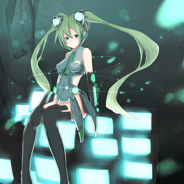 Anime picture 1200x1200 with vocaloid hatsune miku hope yakisoba long hair blue eyes sitting twintails bare shoulders green hair girl thighhighs wire (wires) monitor