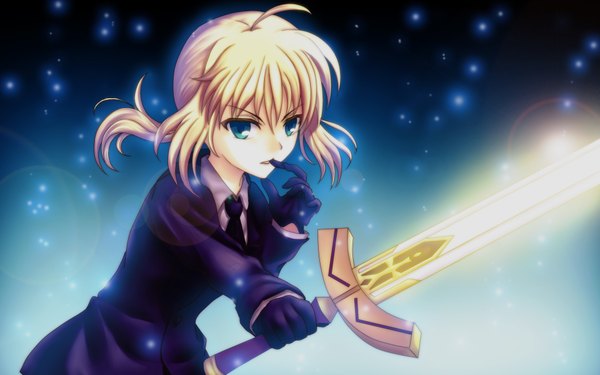 Anime picture 1920x1200 with fate (series) fate/stay night fate/zero studio deen type-moon artoria pendragon (all) saber daffobird (artist) single highres short hair blonde hair wide image green eyes girl gloves weapon sword
