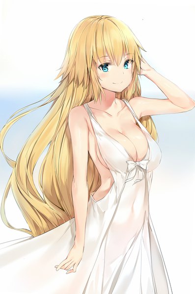 Anime picture 1180x1781 with fate (series) fate/grand order fate/apocrypha jeanne d'arc (fate) (all) jeanne d'arc (fate) silver (chenwen) single long hair tall image looking at viewer blush fringe breasts light erotic blonde hair simple background smile large breasts standing white background