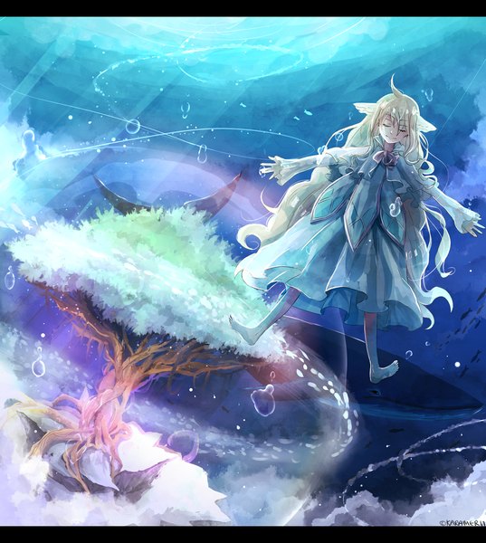 Anime picture 1422x1589 with fairy tail mavis vermillion yurui karameru karadavre single tall image blonde hair smile signed ahoge eyes closed very long hair barefoot letterboxed spread arms underwater girl dress plant (plants) earrings