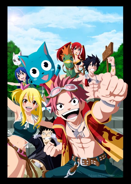 Anime picture 2000x2813 with fairy tail lucy heartfilia erza scarlet natsu dragneel gray fullbuster wendy marvell happy (fairy tail) gajeel redfox charle (fairy tail) fabiansm long hair tall image highres short hair open mouth black hair blonde hair smile twintails multiple girls