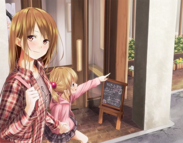 Anime picture 1240x972 with original yoropa long hair looking at viewer blush blonde hair smile brown hair brown eyes pleated skirt open clothes open jacket outstretched arm holding hands girl skirt hair ornament miniskirt shirt jacket
