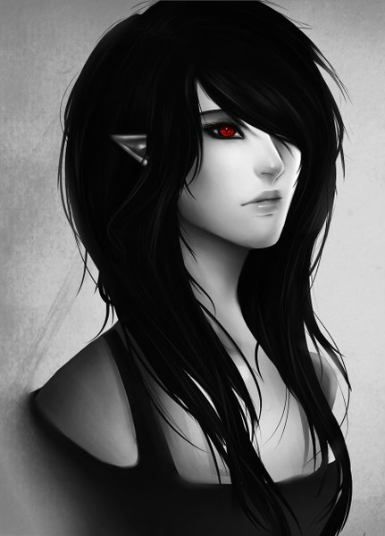 Anime picture 900x1252 with adventure time marceline (adventure time) tagme (artist) single long hair tall image fringe black hair red eyes pointy ears hair over one eye grey background portrait girl