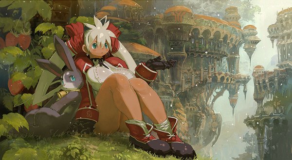 Anime picture 1280x706 with original nouzui light erotic blonde hair wide image sitting twintails green eyes aqua eyes bare legs dark skin snowing snow landscape nature girl gloves plant (plants) earrings tree (trees)