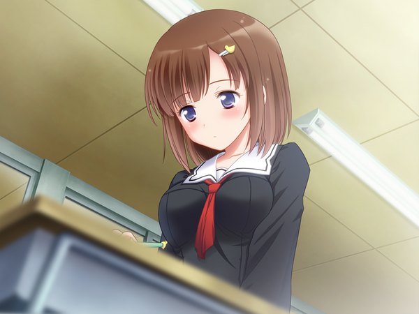 Anime picture 1024x768 with hiyoko strike! (game) kurasumeito a yasuyuki blush short hair brown hair purple eyes game cg girl uniform hair ornament school uniform bobby pin