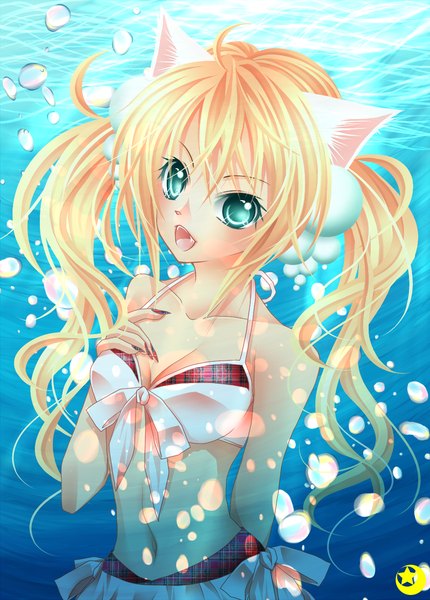 Anime picture 1024x1430 with original midzuki single long hair tall image looking at viewer open mouth light erotic blonde hair twintails bare shoulders animal ears aqua eyes cat ears underwater girl navel swimsuit bikini bubble (bubbles)