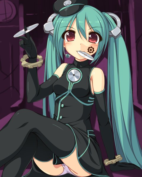 Anime picture 1000x1250 with project diva vocaloid hatsune miku kageira tall image light erotic red eyes twintails bare shoulders very long hair aqua hair pantyshot sitting girl thighhighs dress gloves black thighhighs elbow gloves peaked cap cd