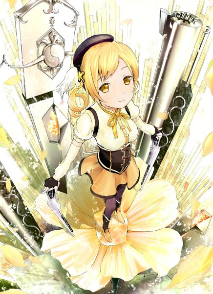 Anime picture 1020x1401 with mahou shoujo madoka magica shaft (studio) tomoe mami shouin single long hair tall image looking at viewer blonde hair twintails yellow eyes light smile drill hair looking up girl flower (flowers) weapon headdress fingerless gloves gun