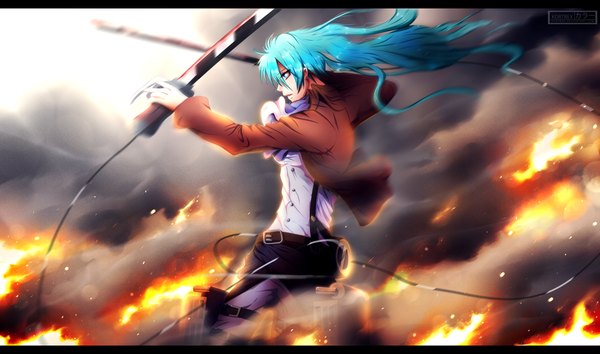 Anime picture 1024x605 with shingeki no kyojin vocaloid production i.g hatsune miku kortrex single long hair wide image twintails holding aqua eyes aqua hair letterboxed smoke cosplay dual wielding crossed swords girl gloves uniform