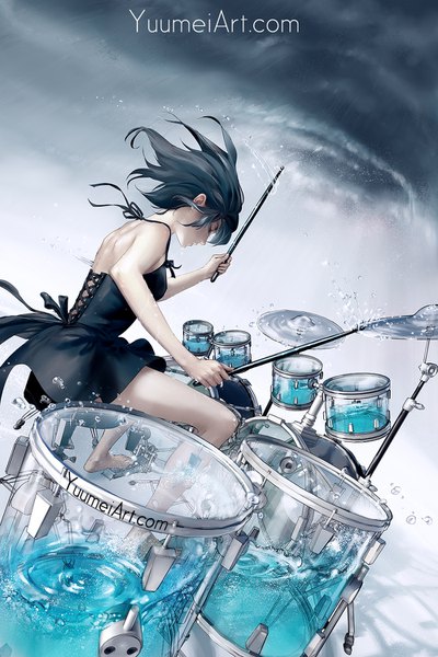 Anime picture 1000x1500 with original yuumei single tall image short hair black hair sitting bare shoulders signed cloud (clouds) bent knee (knees) eyes closed profile barefoot bare legs watermark playing instrument girl dress water