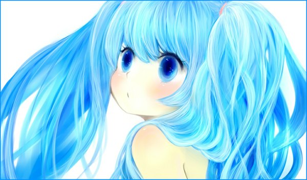 Anime picture 1000x588 with vocaloid hatsune miku mari (milkuro-cat) single long hair blush blue eyes simple background wide image white background twintails blue hair looking away looking up girl