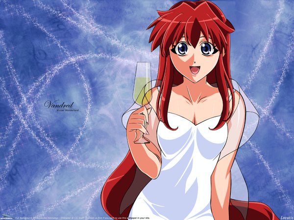Anime picture 1600x1200 with vandread gonzo dita liebely long hair open mouth red hair inscription grey eyes wallpaper blue background girl dress white dress wine glass