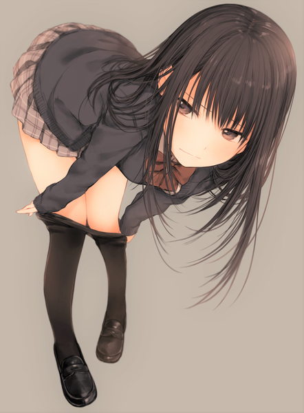 Anime picture 944x1280 with original krsk single long hair tall image blush fringe light erotic black hair simple background standing brown eyes looking away pleated skirt grey background leaning embarrassed leaning forward plaid skirt undressing