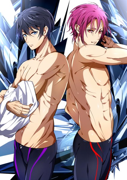Anime picture 849x1200 with free! kyoto animation matsuoka rin nanase haruka (free!) yuna (rutera) tall image looking at viewer short hair red eyes standing aqua eyes light smile multiple boys groin muscle serious shirtless boy swimsuit 2 boys
