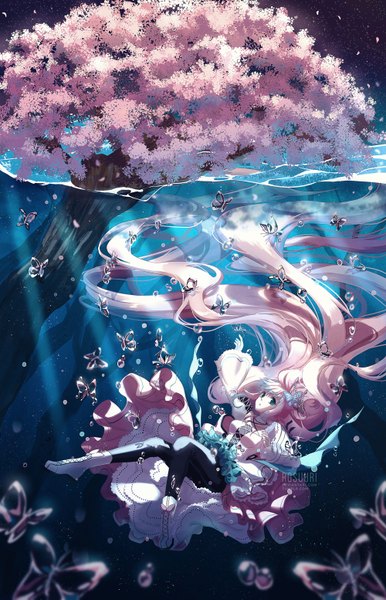 Anime picture 1000x1553 with original rosuuri tall image fringe blue eyes pink hair bent knee (knees) very long hair grey hair cherry blossoms outstretched arm underwater girl dress hair ornament plant (plants) petals pantyhose tree (trees) water