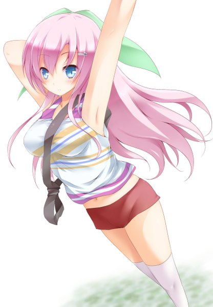 Anime picture 867x1251 with original chro single long hair tall image looking at viewer blush blue eyes pink hair girl thighhighs bow hair bow white thighhighs shorts