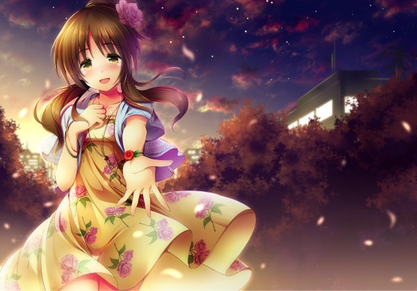Anime picture 1199x839 with idolmaster idolmaster cinderella girls takamori aiko ment single long hair looking at viewer blush open mouth brown hair brown eyes sky cloud (clouds) girl dress petals