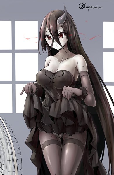 Anime picture 720x1107 with kantai collection battleship water oni fuyu mi single tall image breasts light erotic black hair hair between eyes red eyes large breasts bare shoulders holding signed looking away cleavage indoors very long hair horn (horns) off shoulder