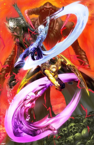 Anime picture 1941x3000 with devil may cry dante (devil may cry) nero (devil may cry) vergil trish sparda long hair tall image highres short hair blonde hair white hair horn (horns) multiple boys battle demon girl boy weapon sword