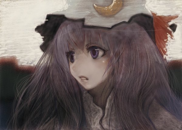 Anime picture 1100x786 with touhou patchouli knowledge madokansuzuki (artist) long hair open mouth purple eyes looking away grey hair close-up girl bonnet cap