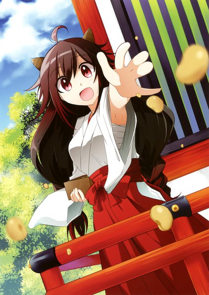 Anime picture 2480x3500 with original araragi ayune single long hair tall image looking at viewer fringe highres open mouth hair between eyes red eyes ahoge traditional clothes japanese clothes multicolored hair horn (horns) scan official art miko setsubun