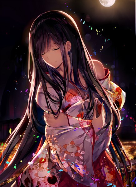 Anime picture 691x950 with touhou houraisan kaguya eien no juu nana-sa single long hair tall image fringe smile hair between eyes standing bare shoulders outdoors eyes closed traditional clothes head tilt japanese clothes off shoulder night wide sleeves night sky