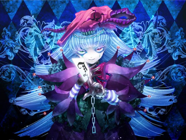 Anime picture 1200x900 with original rinko (mg54) single long hair smile blue hair horn (horns) heterochromia striped crying clown girl dress gloves bow hat chain skull card (cards)