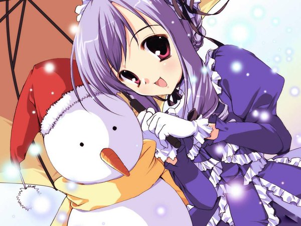 Anime picture 1024x768 with sister princess zexcs aria (sister princess) snowing winter hat umbrella santa claus hat snowman