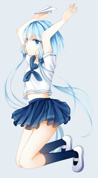 Anime picture 552x1000 with original stari single long hair tall image blue eyes blue hair profile girl skirt socks serafuku black socks paper airplane