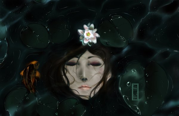 Anime picture 2200x1433 with original ifragmentix long hair highres brown hair eyes closed lips realistic coloring face underwater girl flower (flowers) fish (fishes) water lily