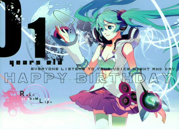 Anime picture 2931x2118 with vocaloid melt (vocaloid) hatsune miku 119 single long hair fringe highres blue eyes hair between eyes twintails bare shoulders looking away cleavage aqua hair floating hair happy birthday girl thighhighs skirt