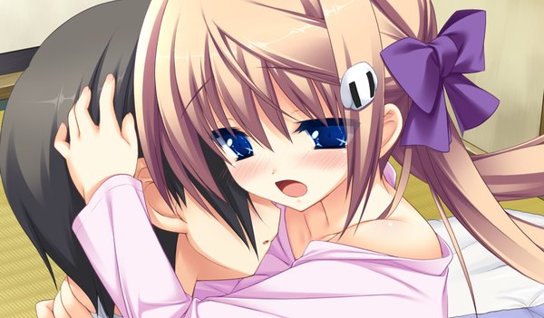 Anime picture 1024x600 with koiiro soramoyou (game) shinohara sera lucie long hair blush open mouth blue eyes brown hair wide image game cg girl