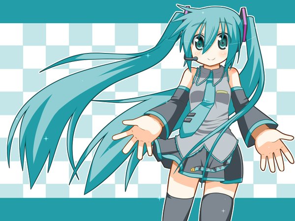 Anime picture 1600x1200 with vocaloid hatsune miku minami (artist) single long hair twintails aqua eyes aqua hair checkered background girl skirt detached sleeves miniskirt necktie