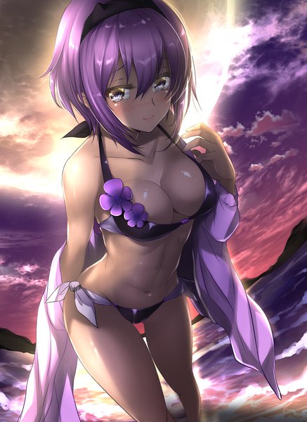 Anime picture 1448x1987 with fate (series) fate/grand order fate/prototype hassan of serenity (fate) mia (gute-nacht-07) single tall image looking at viewer blush short hair breasts light erotic smile large breasts purple eyes purple hair cloud (clouds) night dutch angle night sky