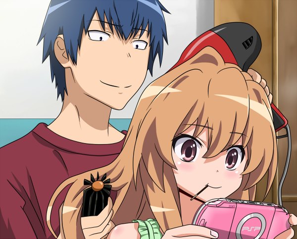 Anime picture 1200x967 with toradora j.c. staff aisaka taiga takasu ryuuji wingheart long hair short hair brown hair brown eyes blue hair couple mouth hold product placement drying hair girl boy sweets pocky psp hairdryer
