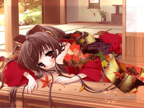 Anime picture 1600x1200 with komorebi ni yureru tamashii no koe sui (komorebi) itou noiji long hair blush highres brown hair brown eyes ponytail lying japanese clothes framed girl ribbon (ribbons) kimono autumn leaves sliding doors japanese house shouji