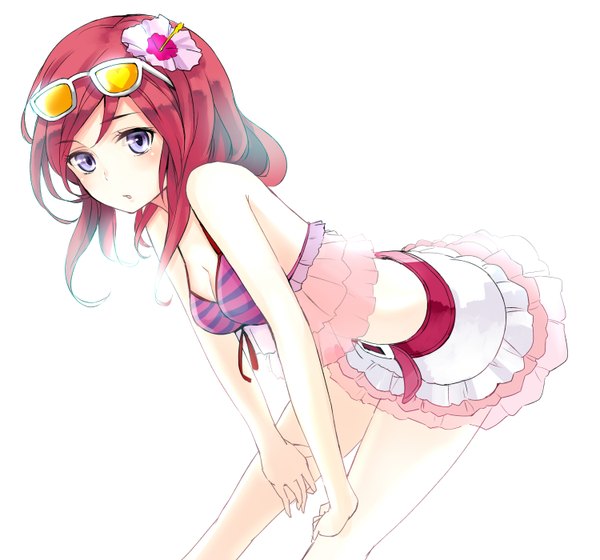 Anime picture 1500x1400 with love live! school idol project sunrise (studio) love live! nishikino maki minato (shouno) single long hair looking at viewer open mouth blue eyes purple eyes bare shoulders red hair hair flower sunglasses on head bent over girl skirt hair ornament flower (flowers)