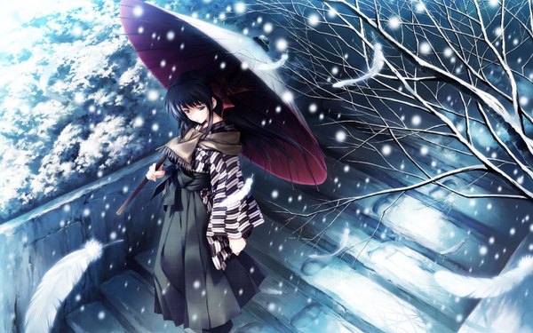 Anime picture 1440x900 with cartagra kouzuki kazuna simosi wide image japanese clothes snowing winter snow yagasuri umbrella feather (feathers)