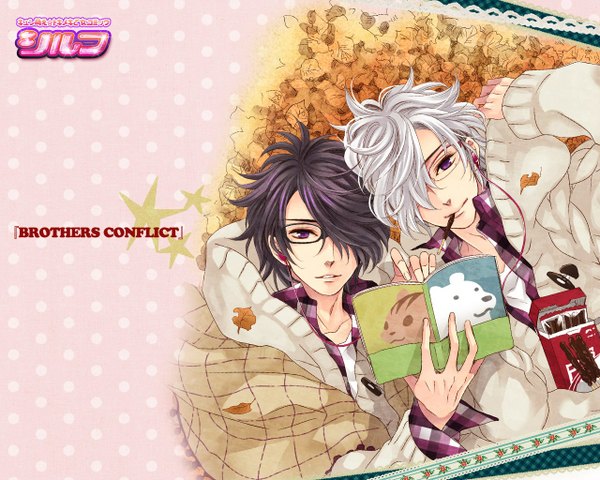 Anime picture 1280x1024 with brothers conflict idea factory asahina tsubaki asahina azusa fringe short hair purple eyes silver hair purple hair white hair lying light smile hair over one eye mole multiple boys mole under eye pink background polka dot twins plaid