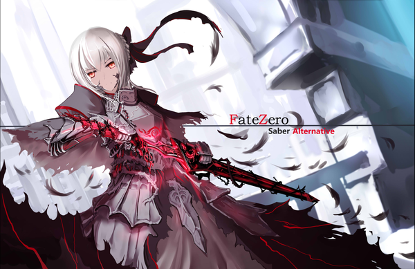 Anime picture 1657x1077 with fate (series) fate/stay night type-moon artoria pendragon (all) saber alter x2 single fringe short hair red eyes standing holding looking away white hair copyright name character names victory glowing weapon girl gloves