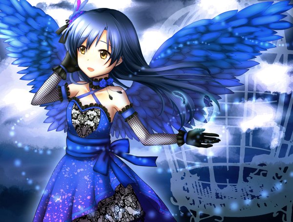 Anime picture 1600x1213 with idolmaster kisaragi chihaya youme single long hair open mouth bare shoulders yellow eyes blue hair girl dress gloves wings elbow gloves feather (feathers)