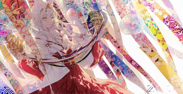 Anime picture 2010x1035 with original kinokohime single long hair highres blue eyes wide image animal ears looking away cleavage white hair traditional clothes japanese clothes wind off shoulder miko 2018 seigaiha girl bell