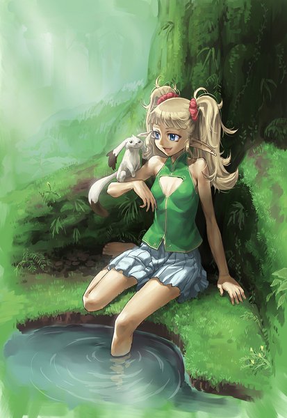 Anime picture 796x1155 with original cozy single long hair tall image open mouth blue eyes blonde hair sitting twintails barefoot pointy ears elf soaking feet girl skirt plant (plants) miniskirt animal tree (trees)