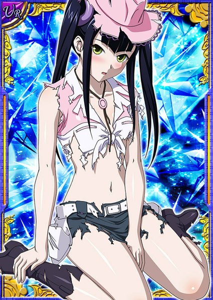 Anime picture 567x800 with ikkitousen saji genpou (true) single long hair tall image looking at viewer blush breasts open mouth black hair twintails yellow eyes torn clothes flat chest card (medium) girl navel hat