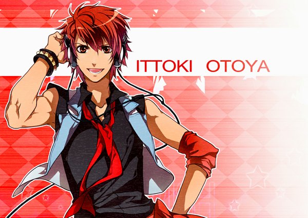 Anime picture 1132x800 with uta no prince-sama a-1 pictures ittoki otoya short hair open mouth red eyes red hair inscription wallpaper hand on hip red background rhombus boy headphones wire (wires) wristlet
