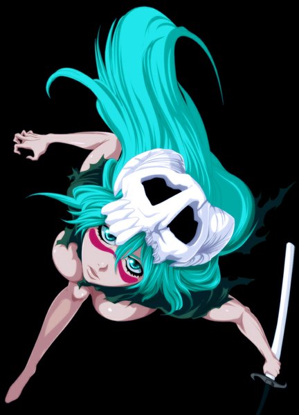 Anime picture 720x1000 with bleach studio pierrot nelliel tu odelschwanck benderzz single long hair tall image light erotic simple background green eyes green hair coloring torn clothes black background espada girl weapon sword katana mask