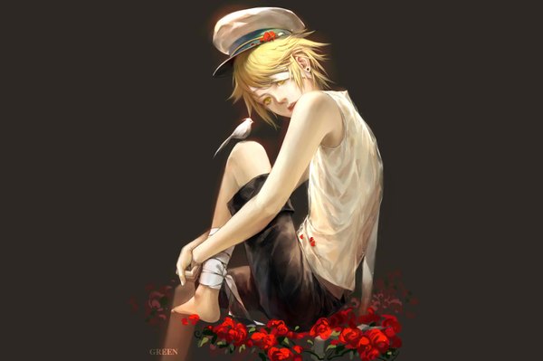Anime picture 1697x1131 with vocaloid oliver james (vocaloid) green0205 single highres short hair open mouth blonde hair yellow eyes inscription bandage over one eye boy flower (flowers) hat animal shirt shorts bird (birds) bandage (bandages)