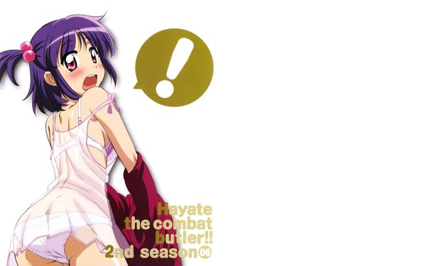 Anime picture 4000x2500 with hayate no gotoku! segawa izumi single blush highres short hair open mouth light erotic simple background red eyes wide image white background absurdres purple hair inscription ! girl hair ornament underwear panties